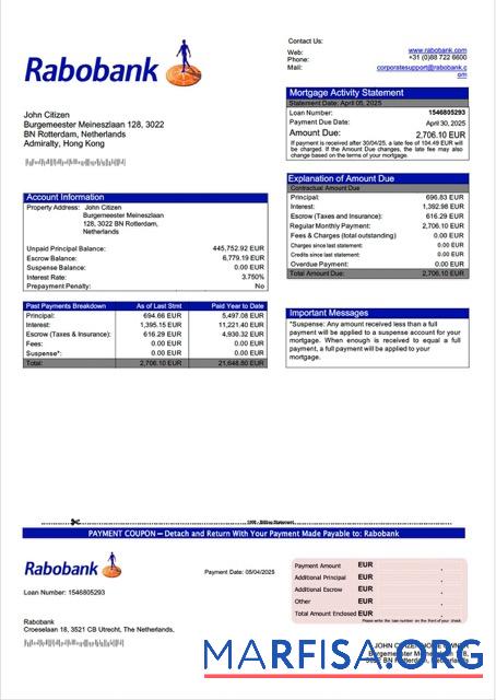 Downloadable Netherlands Rabobank mortgage statement Word and PDF template